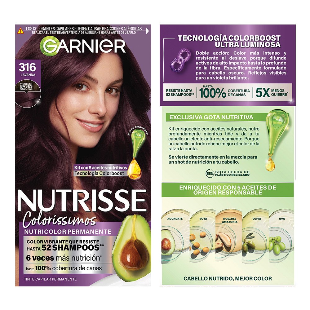 GARNIER NUTRISSE, NUTRISSE, NUTRISSE COLORÍSSIMOS, COLORACIÓN DE CABELLO, TINTE DE CABELLO, COLOR INTENSO, COLORACIÓN, FÓRMULA VEGANA, CRUELTY FREE, TONO 316, LAVANDA